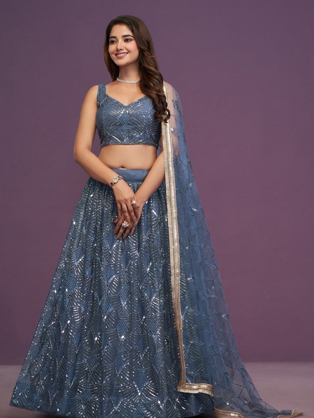 Bollywood -Zari, Sequins, embroidery with mirrorwork Lehenga Choli Dupatta Small